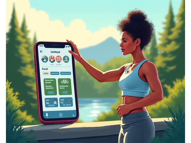 Illustration of a fitness app on a smartphone, showing a customized workout routine with options for indoor and outdoor activities, and images of Portland's scenic trails.